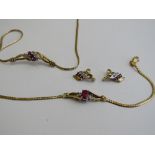 Italian suite of 9ct gold, ruby & diamond necklace, bracelet & earrings. Estimate £450-550.