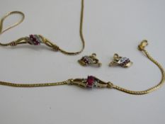 Italian suite of 9ct gold, ruby & diamond necklace, bracelet & earrings. Estimate £450-550.