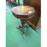 Burr veneer pedestal work table with chequer board on lifting lid. Estimate £40-60.