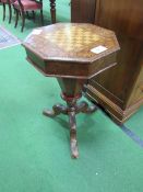 Burr veneer pedestal work table with chequer board on lifting lid. Estimate £40-60.