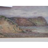 Gilt framed & glazed watercolour of coastal scene with figures & boat, signed. Estimate £10-20.