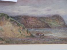 Gilt framed & glazed watercolour of coastal scene with figures & boat, signed. Estimate £10-20.