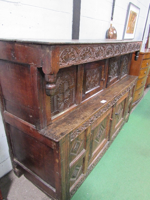 Early 18th century oak carved press cupboard with 2 cupboards above & to base, 188cms x 61cms x - Image 2 of 5