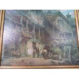 2 framed reproduction oils on canvas of 18th century coaching & hunting scenes, signed E M