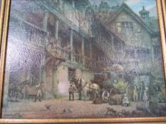 2 framed reproduction oils on canvas of 18th century coaching & hunting scenes, signed E M