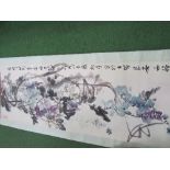 Traditional Chinese watercolour scroll depicting a branch of Wisteria blossom. Estimate £50-100.