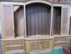 Very large oak & burr oak break-front display & cupboard unit with central glass shelved