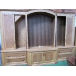 Very large oak & burr oak break-front display & cupboard unit with central glass shelved