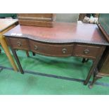 Mahogany shaped front writing desk with leather sciver & 3 frieze drawers, 113cms x 58cms x 77cms.