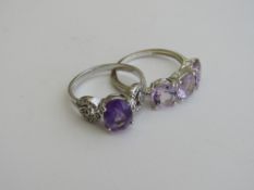 2 silver rings with amethyst & pink stones, both size Q. Estimate £10-20.