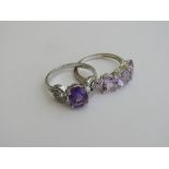 2 silver rings with amethyst & pink stones, both size Q. Estimate £10-20.