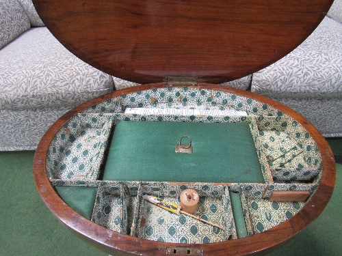 Burr walnut & inlaid sewing box on 2 slab legs with stretcher, 61cms x 44cms x 59cms. - Image 3 of 3