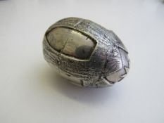 Silver egg in 2 parts with some Russian marks, weight 117gms, 6cms length x 4.5cms diameter.