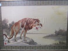 Large oriental silk picture of a lion by a lake, 94cms x 138cms.