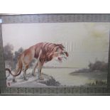 Large oriental silk picture of a lion by a lake, 94cms x 138cms.