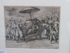 Framed & glazed copper engraving of scenes of life in the East Indies, originally from Jan