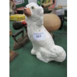 Staffordshire dog; wooden wig stand & 3 flat irons. Estimate £10-20.