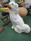 Staffordshire dog; wooden wig stand & 3 flat irons. Estimate £10-20.