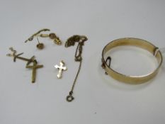 9ct gold crucifix, 9ct gold plated bangle & a qty of gold coloured items including a gold plated