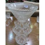 Cut glass punch bowl & 17 cut glass cups with handles