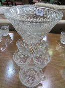 Cut glass punch bowl & 17 cut glass cups with handles