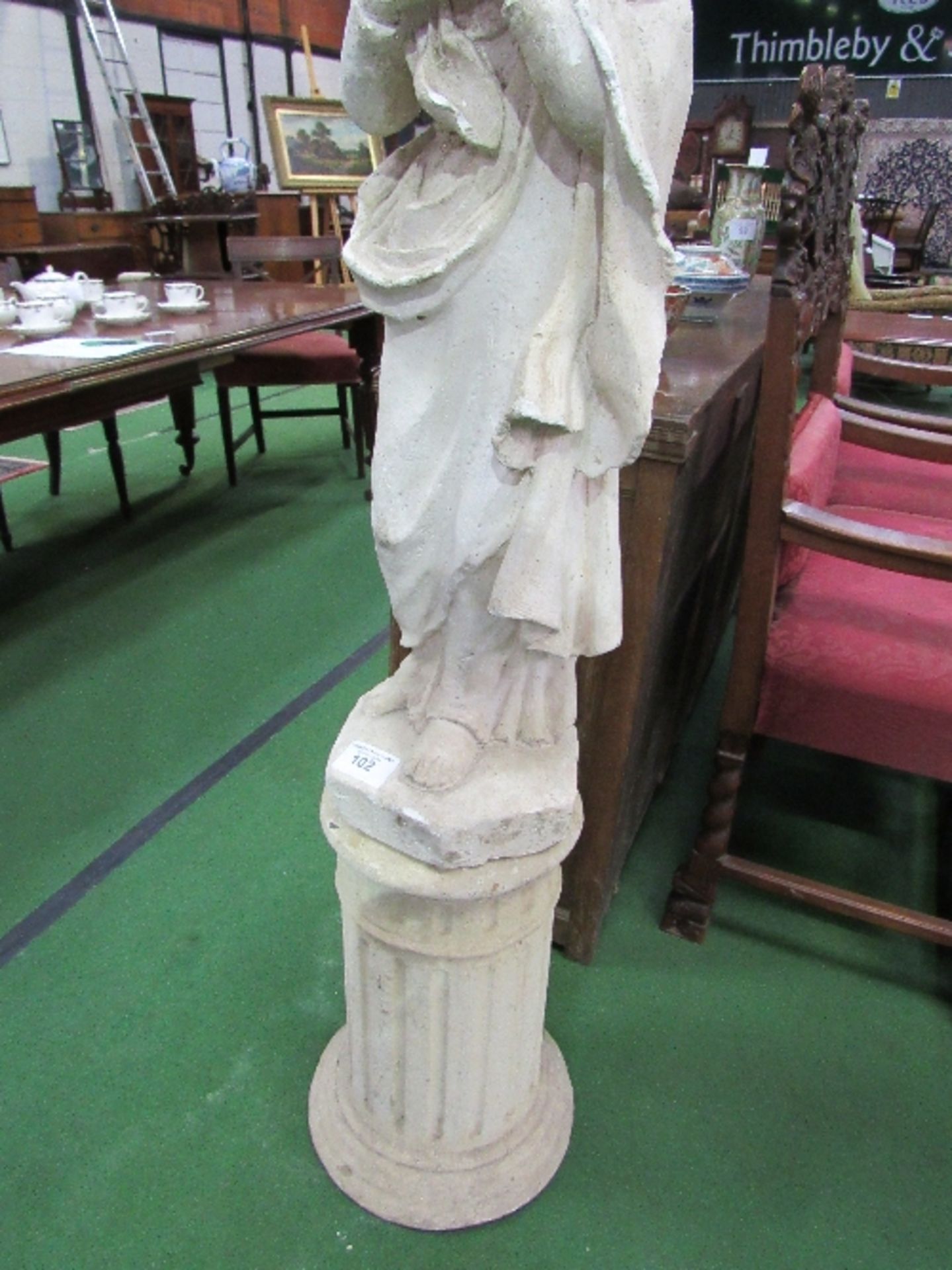 Plaster moulded statue of a female on a plinth, a/f, height 142cms. Estimate £20-40. - Image 3 of 3