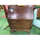 Mahogany bureau with 2 over 2 drawers, Gadroon to ball & claw feet, 77cms x 57cms x 106cms. Estimate