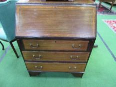 Mahogany inlaid bureau with 3 drawers, 76cms x 40cms x 96cms. Estimate £25-45.