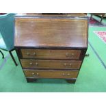 Mahogany inlaid bureau with 3 drawers, 76cms x 40cms x 96cms. Estimate £25-45.