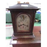 Large mahogany Westminster chimes regulator mantel clock with domes bezel & satin silver face,