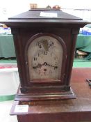 Large mahogany Westminster chimes regulator mantel clock with domes bezel & satin silver face,