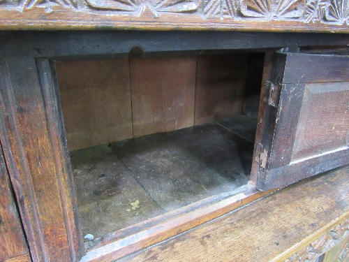 Early 18th century oak carved press cupboard with 2 cupboards above & to base, 188cms x 61cms x - Image 4 of 5