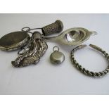Danish silver tea strainer, weight 1.75ozt; white metal purse; silver plated coin holder; white
