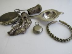 Danish silver tea strainer, weight 1.75ozt; white metal purse; silver plated coin holder; white