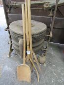 2 antique pitch forks & antique malt shovel. Estimate £30-50.