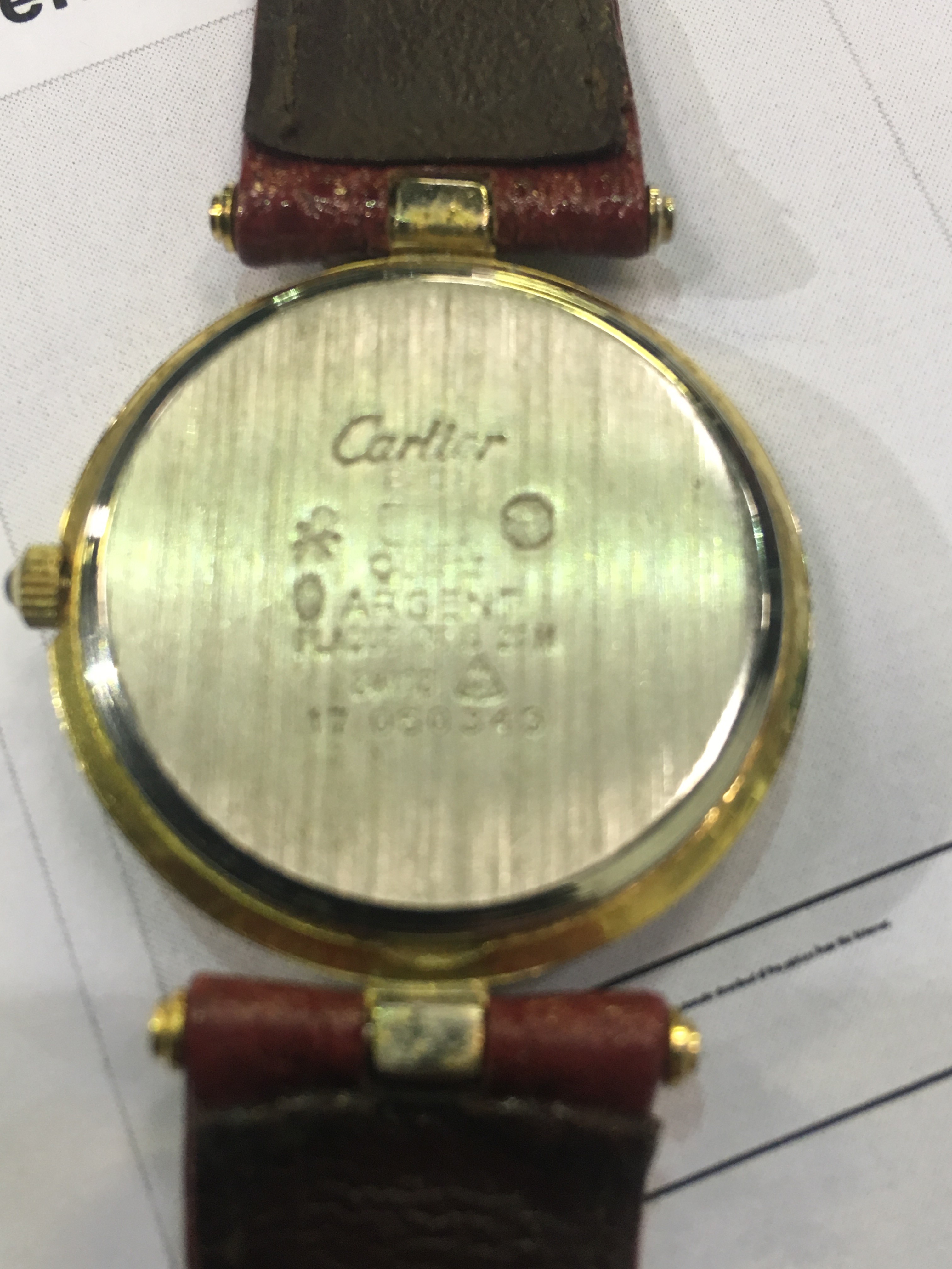 Must de Cartier quartz gold plated wristwatch with red leather strap, good working order. - Image 3 of 4