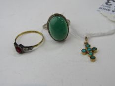 9ct gold on silver red stone ring; silver & green stone ring & a 18ct gold (tested) turquoise