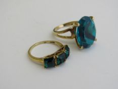2 gold overlay on silver rings with green stone, size R. Estimate £20-30.