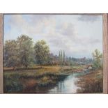Framed oil on canvas of river scene in landscape, signed P Bradshaw. Estimate £30-40.