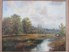 Framed oil on canvas of river scene in landscape, signed P Bradshaw. Estimate £30-40.