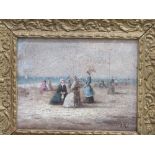 Oil on board of beach scene in ornate frame. Estimate £5-10.