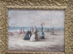 Oil on board of beach scene in ornate frame. Estimate £5-10.