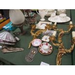 3 gilt wall sconces, desk lamp, exterior light, 3 branch chandelier & a few items of porcelain.