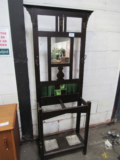 Ebonised hall stand with tiles & mirror to back, 61cms x 26cms x 182cms.
