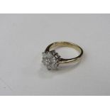 9ct gold, diamond cluster ring, 1ct, size I, weight 2.4gms. Estimate £40-60.