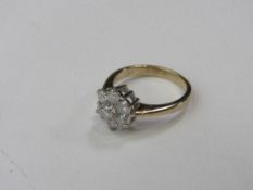 9ct gold, diamond cluster ring, 1ct, size I, weight 2.4gms. Estimate £40-60.