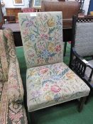 Early 20th century tapestry oak framed chair. Estimate £50-70.