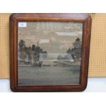 Oak framed & glazed tapestry picture of boats & mountain. Estimate £20-30.