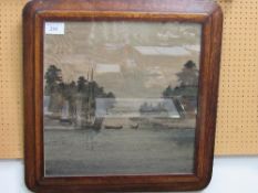 Oak framed & glazed tapestry picture of boats & mountain. Estimate £20-30.