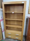 Oak veneer open bookcase with 2 drawers to base, 100cms x 33cms x 189cms.